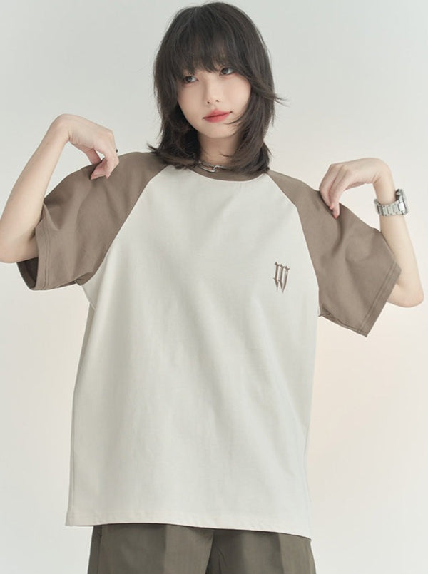 Raglan Sleeve Hit Color Loose Cotton T-Shirt