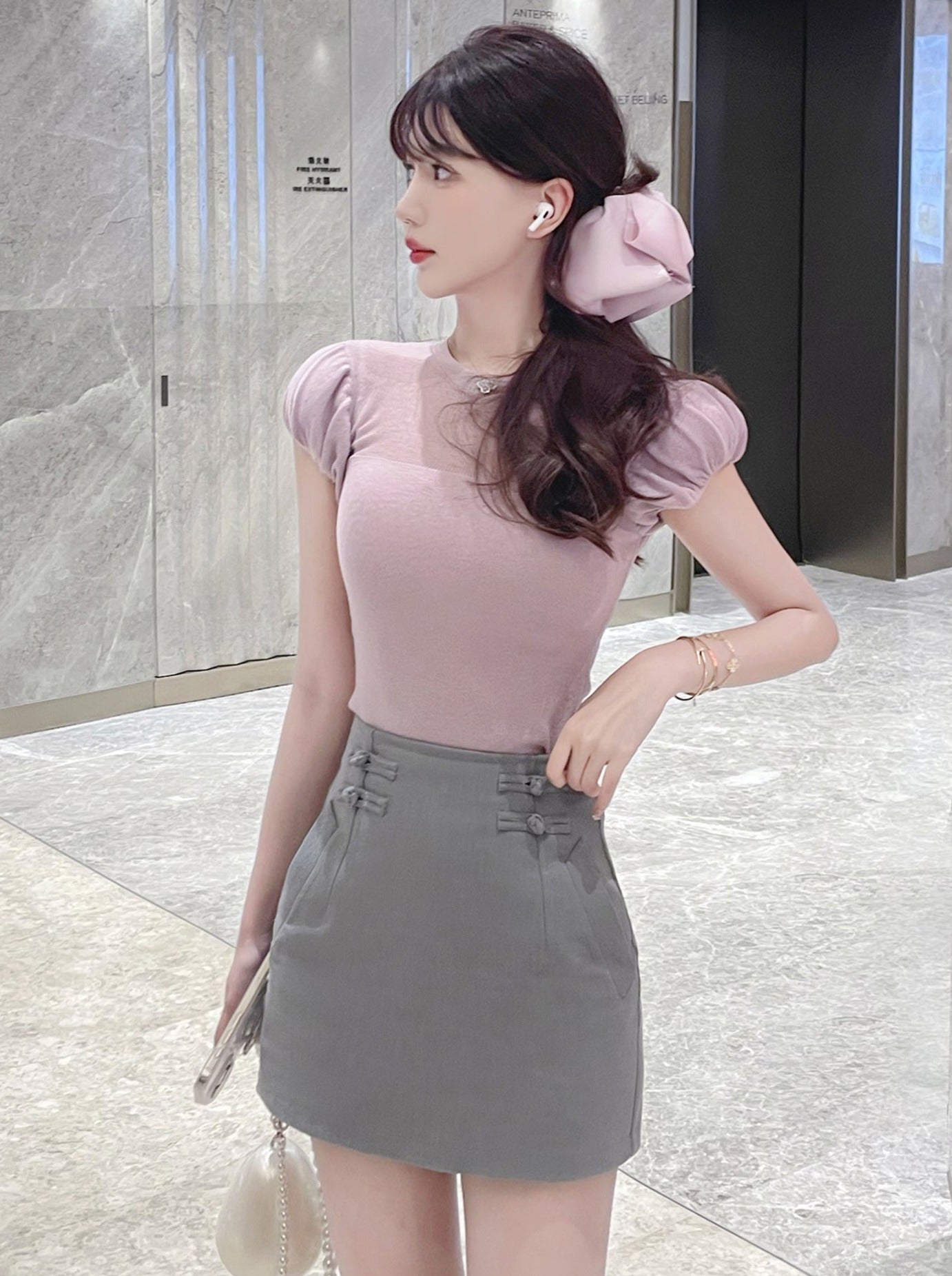 Sweet Puff Sleeve Top Tight Skirt