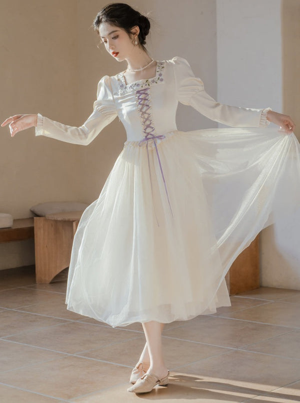 レースアップフレンチスタイルフラワーワンピース