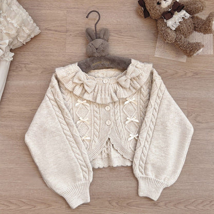 Ruffle Ribbon Lantern Sleeve Knit Cardigan