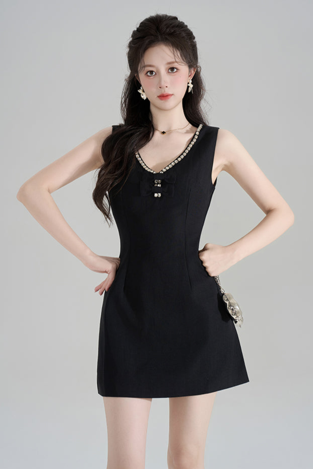 French Beaded V-Neck Sleeveless Dress