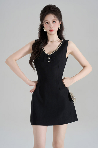 French Beaded V-Neck Sleeveless Dress