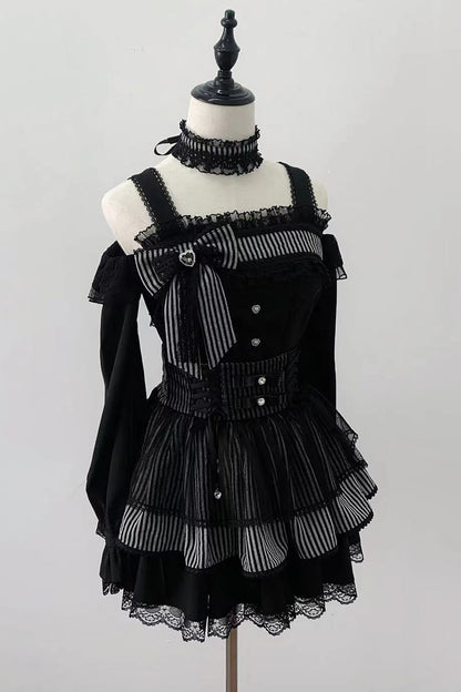 【12月6日予約締切】ブラックアンドストライプロングスリーブサストップス＋リボンケーキスカート＋チョーカー