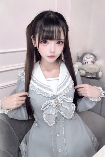 [Pre-order Deadline: September 29] Blue Sailor Collar Frill Lace Trim Dress + Shorts + Cross Charm Jewel Bow Tie Set