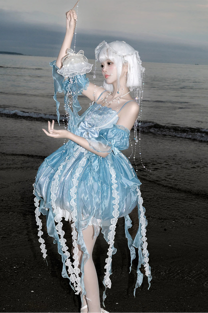[Pre-order Deadline: September 5] Blue Fantasy Jellyfish Bow Ruffle Suspender Bubble Dress with Asymmetrical Hem+Puff Sleeves with Arm Sleeves