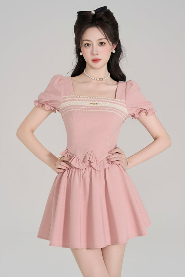 Pink Square Neck Puff Sleeve Top + Flare Skirt