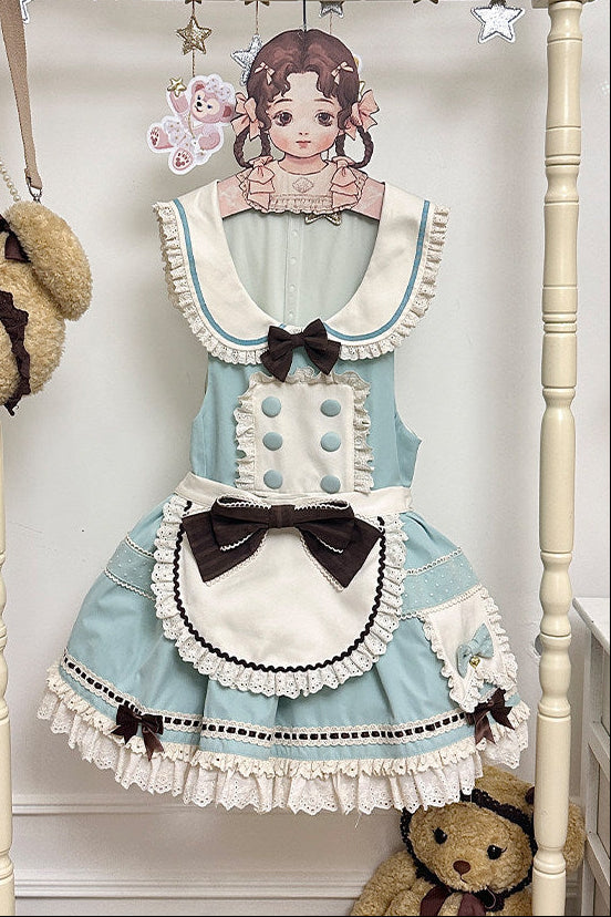 【Pre-order item】Chocolate Mint Sailor Collar Girly Maid Dress + Cake Hat