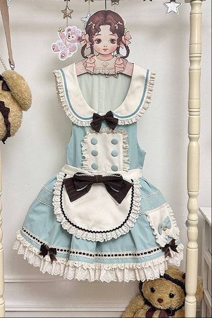 【Pre-order item】Chocolate Mint Sailor Collar Girly Maid Dress + Cake Hat