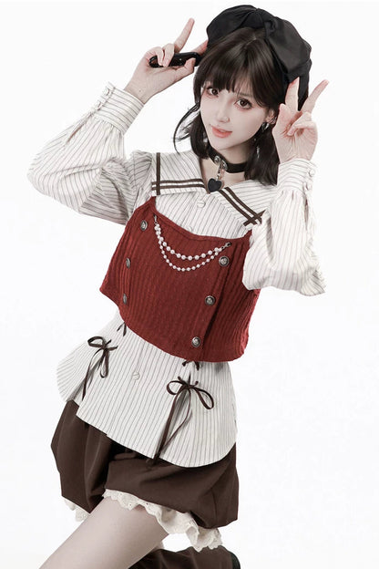 フードトップス+シャツ+スカート+レッグウォーマー+ベスト