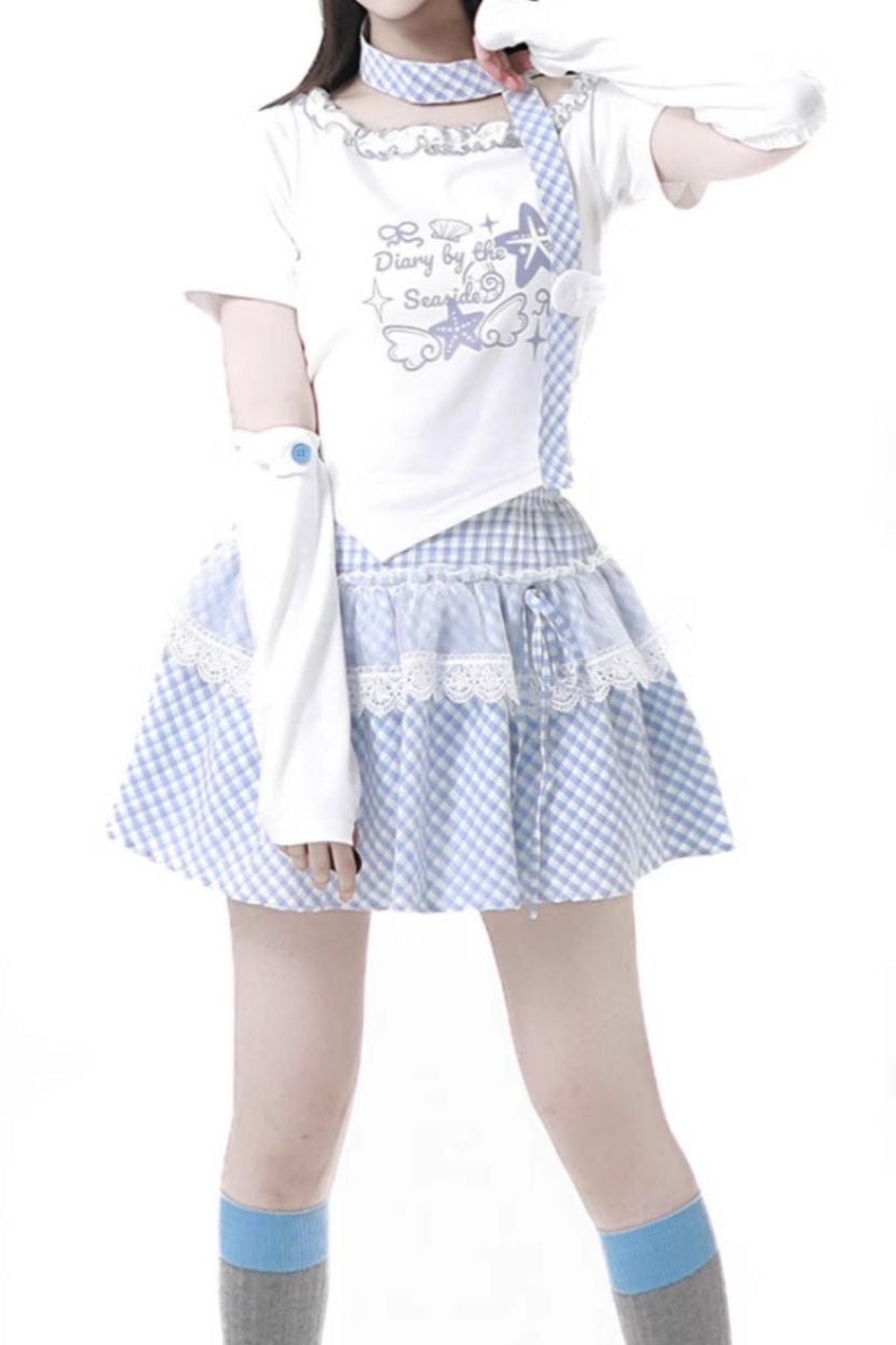 パステルスイートツインスカーフ付きTシャツ＋パフスカート＋アームカバー