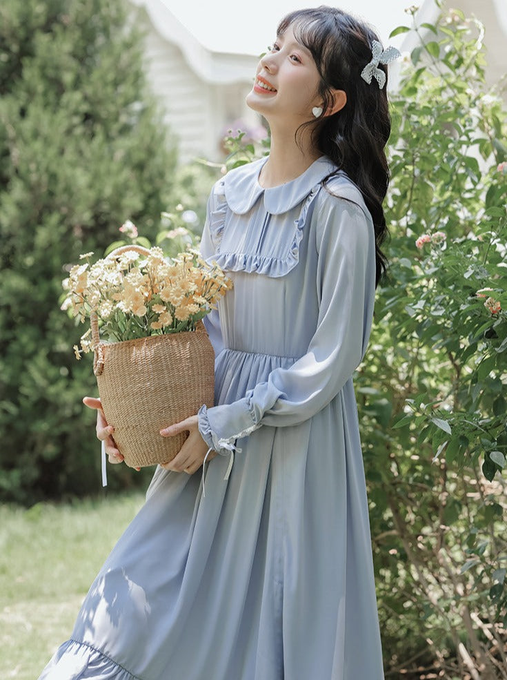 ベロアワンピース 2色 BitterSweet Lolita ロング ミモレ丈 フリル フレア 長袖 秋冬 パープル ブルー クラシカル エレガント  クラロリ 姫ロリ ドレス 撮影 イベント ゴスロリ ロリータファッション loli4799 | LUXURY