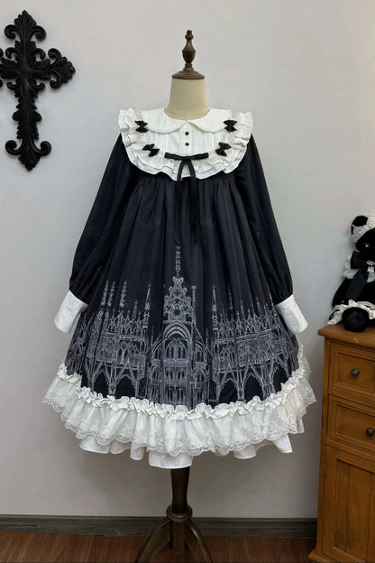 【10月13日予約締切】Gothic Doll Black White Cathedral Print Lace Trim Lolita Op Dress+ Full Dress Set (Flat Hat, Sash, Castle Flower Brooch)