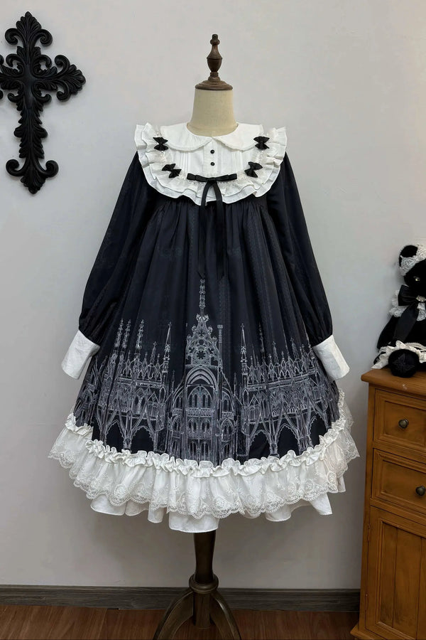 【10月13日予約締切】Gothic Doll Black White Cathedral Print Lace Trim Lolita Op Dress+ Full Dress Set (Flat Hat, Sash, Castle Flower Brooch)