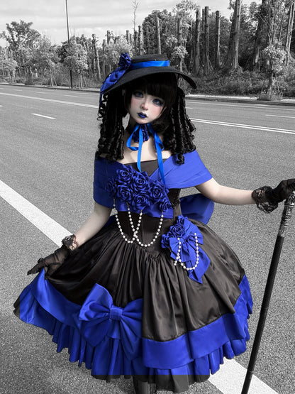 [Vorbestellfrist: 28. Juni] Blau-schwarzes Prinzessinnen-Lolita-Kleid mit Rosenband und freien Schultern + Komplettset + Accessoires (Hut Choker)
