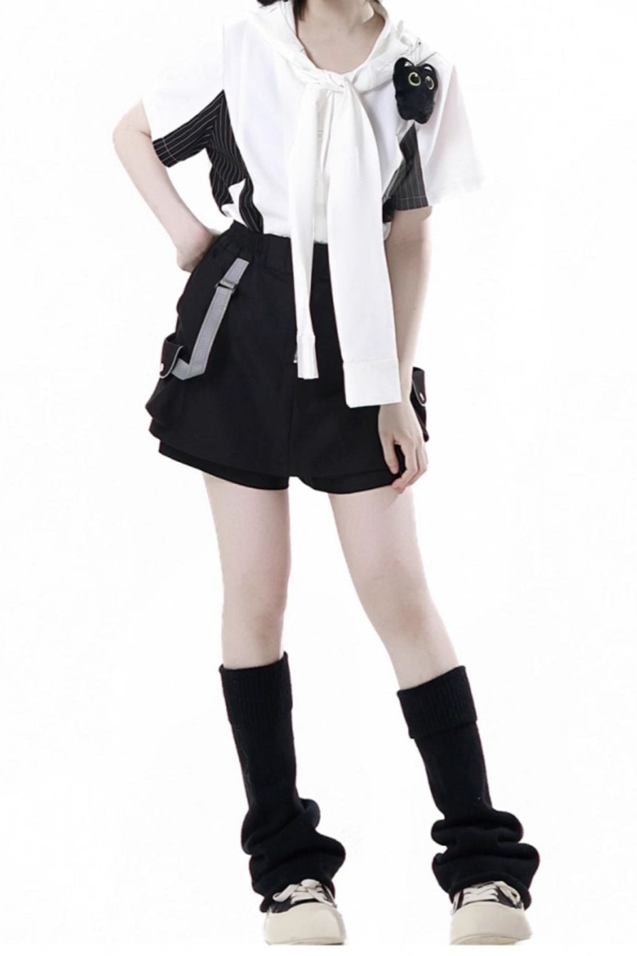 Casual stripe stitch design shirt + hooded shirt + + half pants + culottes + tie