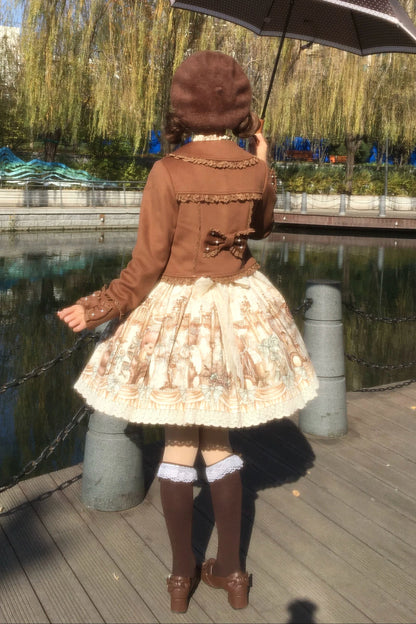 【10月17日予約締切】Brown/Black Sweet Lolita Pearl Bow Lace Short Coat