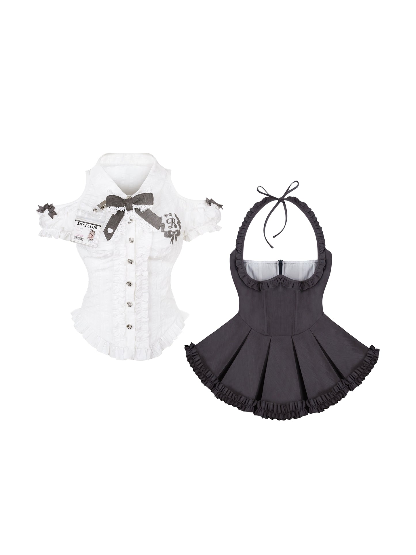 Bubble Sleeve Shirt + High Waist Strap Skirt