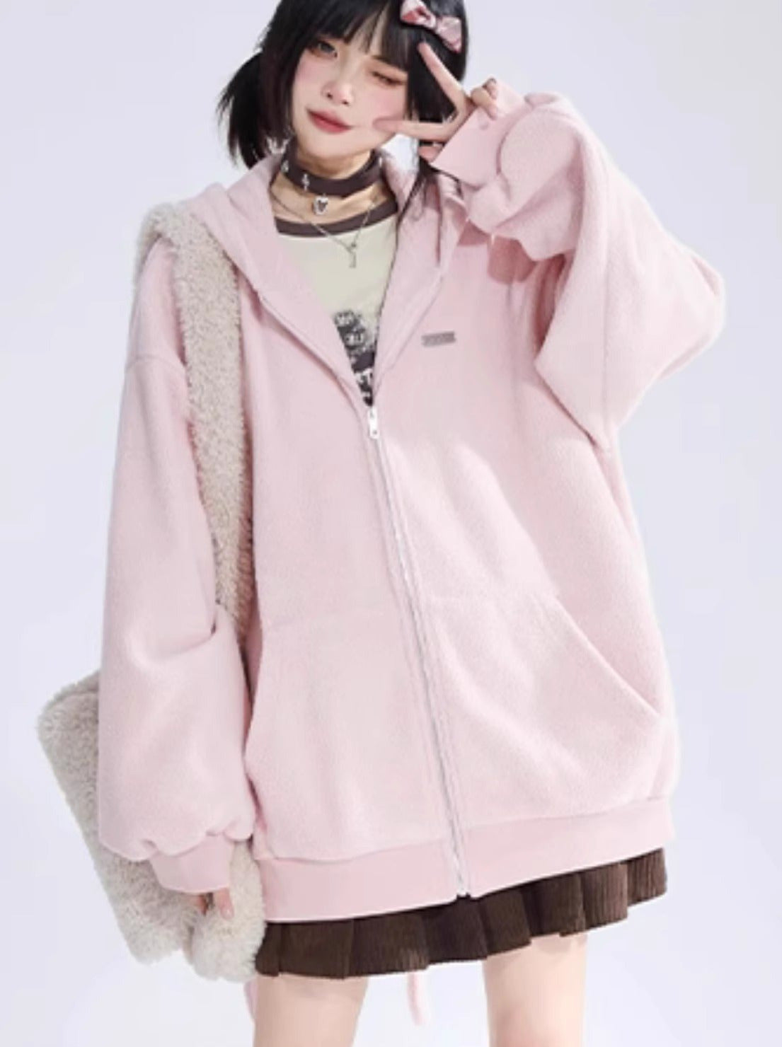 Solid Color Cute Bunny Ears Hooded Sweatshirt Jacket