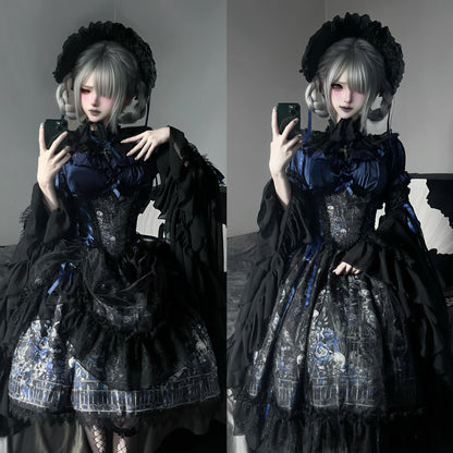 【11月25日予約締切】Gothic Lolita Frill Lace Puff Sleeve Satin Shirt + Skeleton Lace Layered Corset Skirt + Detachable Bell Sleeves + Bonnet Set