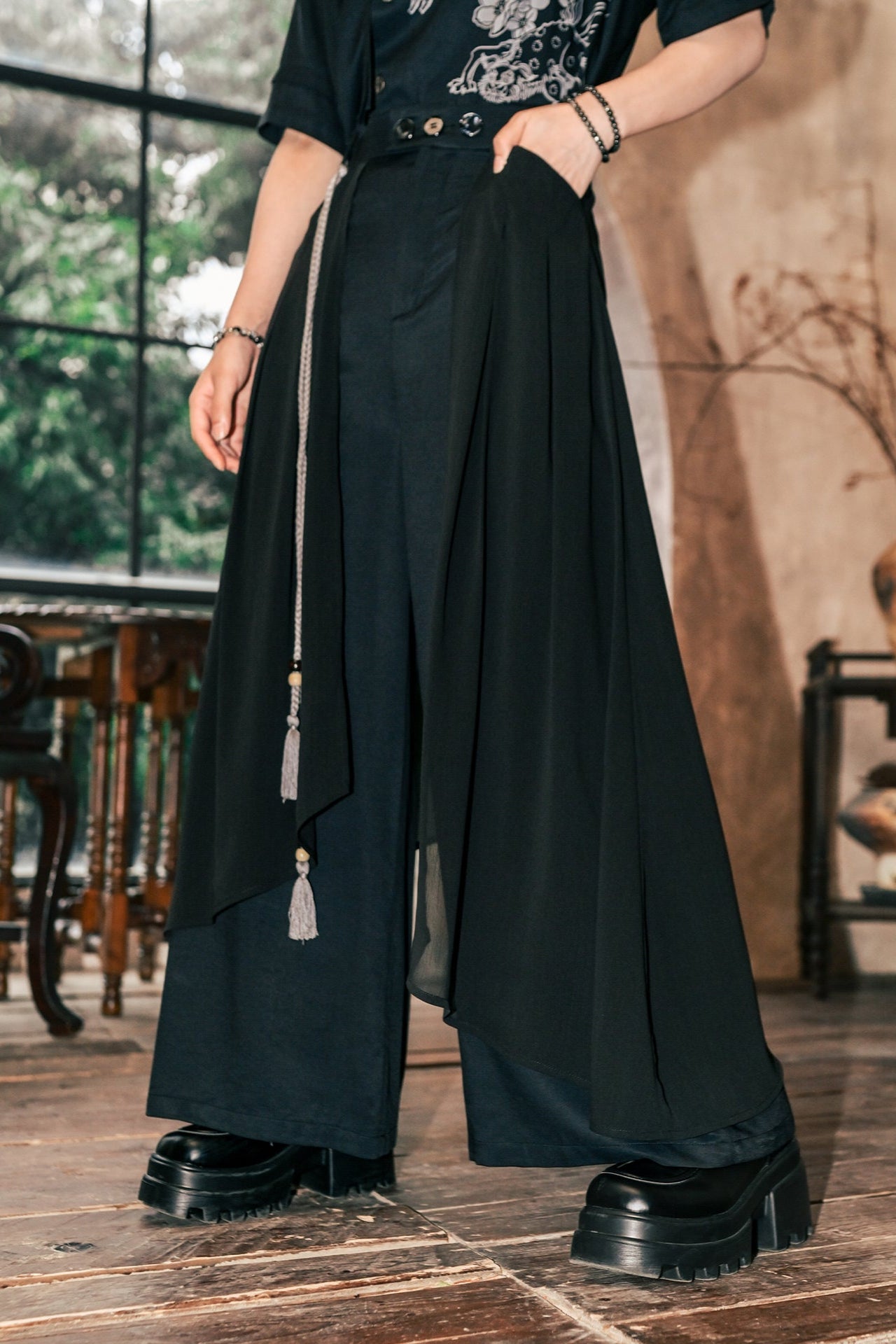 モードチャイナデザインワイドレッグパンツ