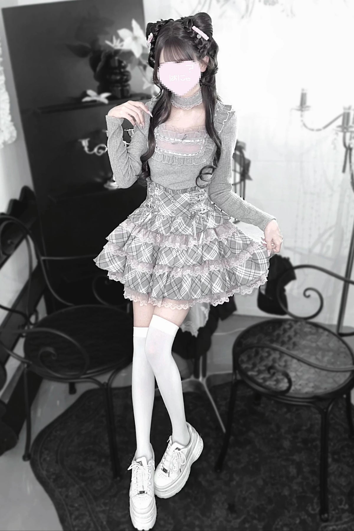 [Pre-order Deadline: October 15] Grey Pink Lace Trim Square Neck Choker Design Knit Top + Lace Trim Plaid Tiered Skirt