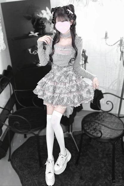 [Pre-order Deadline: October 15] Grey Pink Lace Trim Square Neck Choker Design Knit Top + Lace Trim Plaid Tiered Skirt