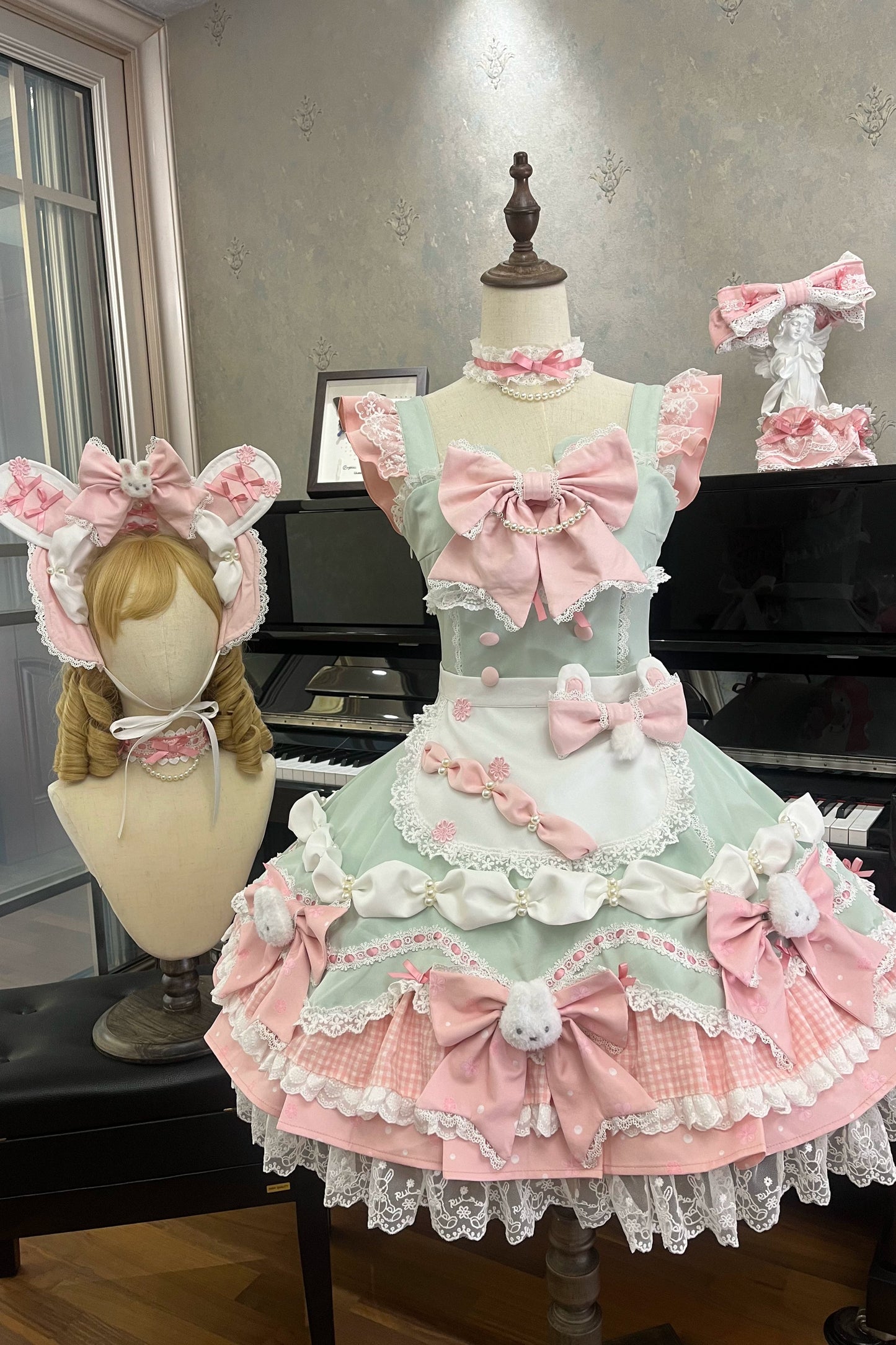 [Pre-order Deadline: April 6] Sweet Ruffled Bunny Lolita Jumper Skirt + Shirt + Headband + Bonnet + Headband + Sleeves + Necklace + Tail