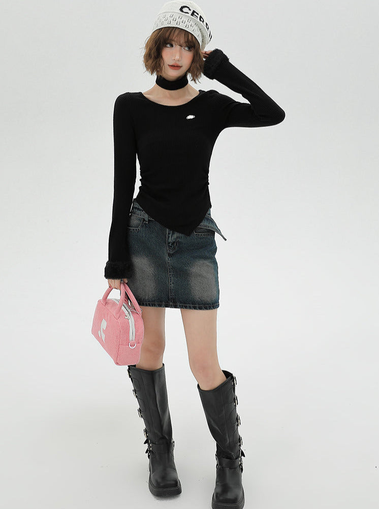 Fur Sleeve Mode Slim Long T + Neck Collar