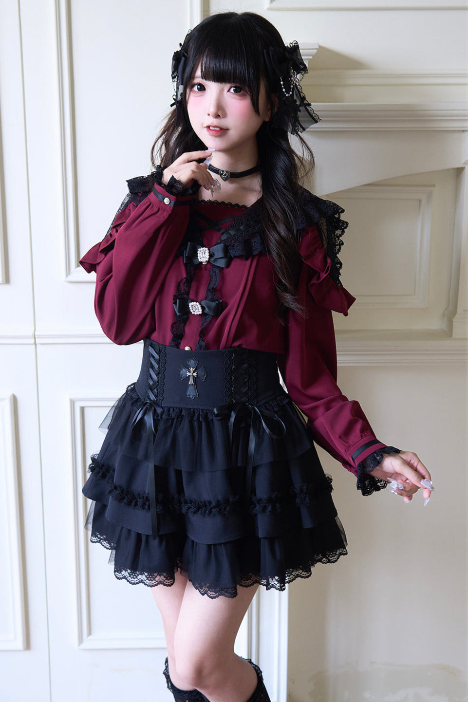 Sailor collar lace ribbon shirt