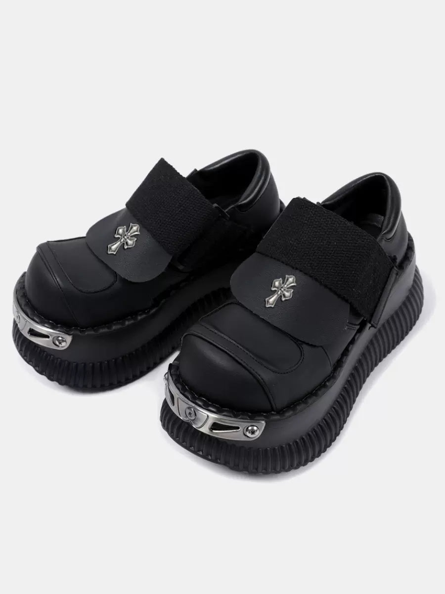 Metal Punk Cross Velcro Leather Platform Shoes