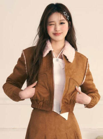 Caramel Jenny Suit Lamb Fur Short Coat + Skirt Setup