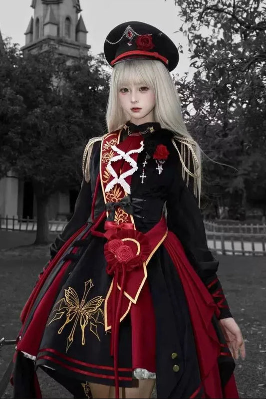 [Pre-order] Black and Red Military Gothic Lolita Asymmetrical Dress + Top + Sash + Brooch Set