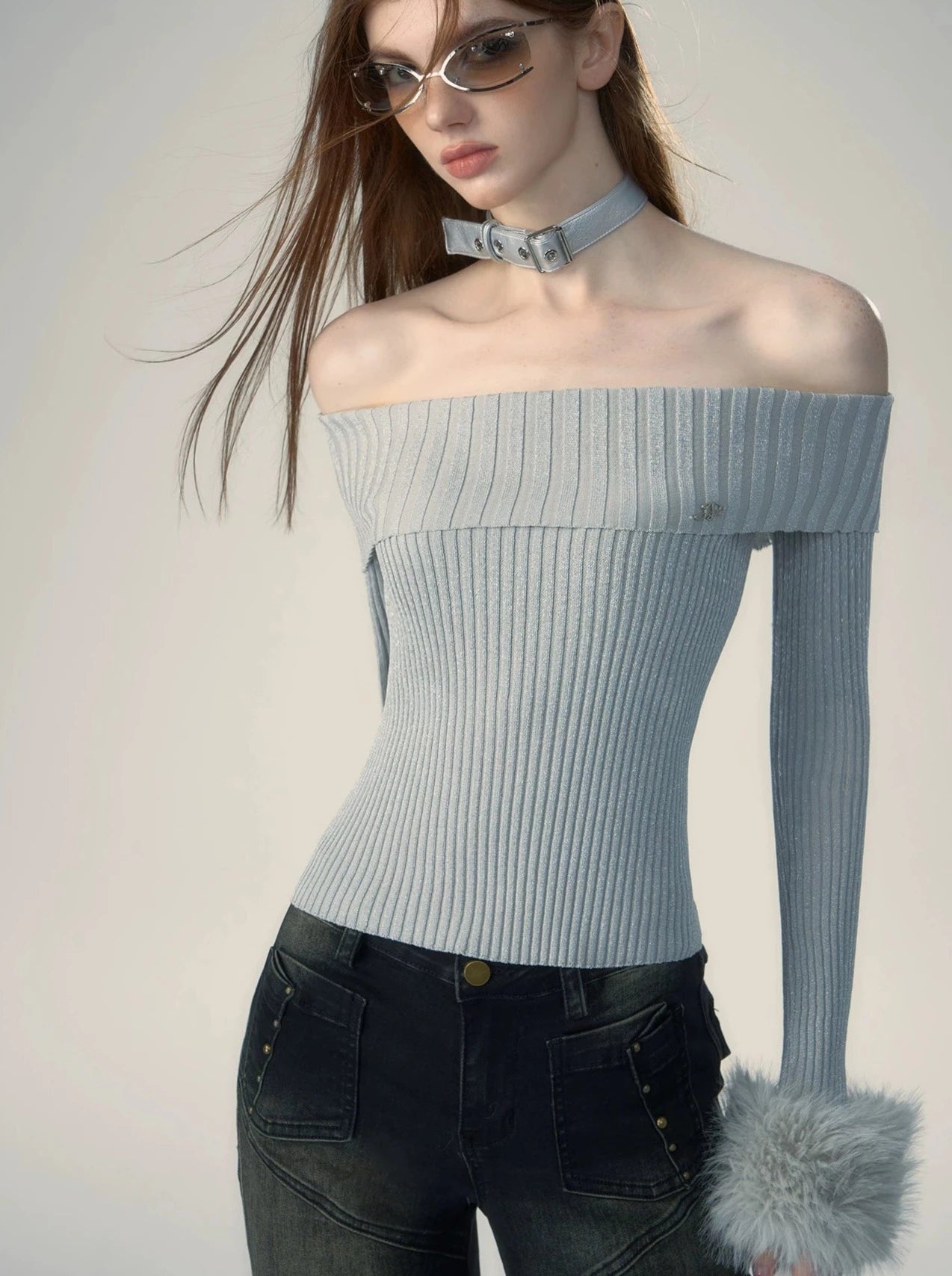 Tightly ribbed off-the-shoulder fur top