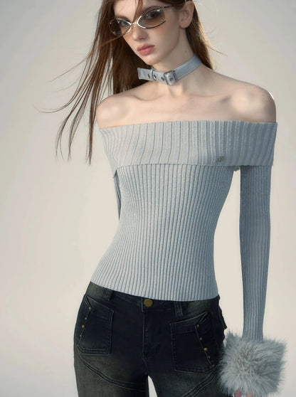 Tightly ribbed off-the-shoulder fur top