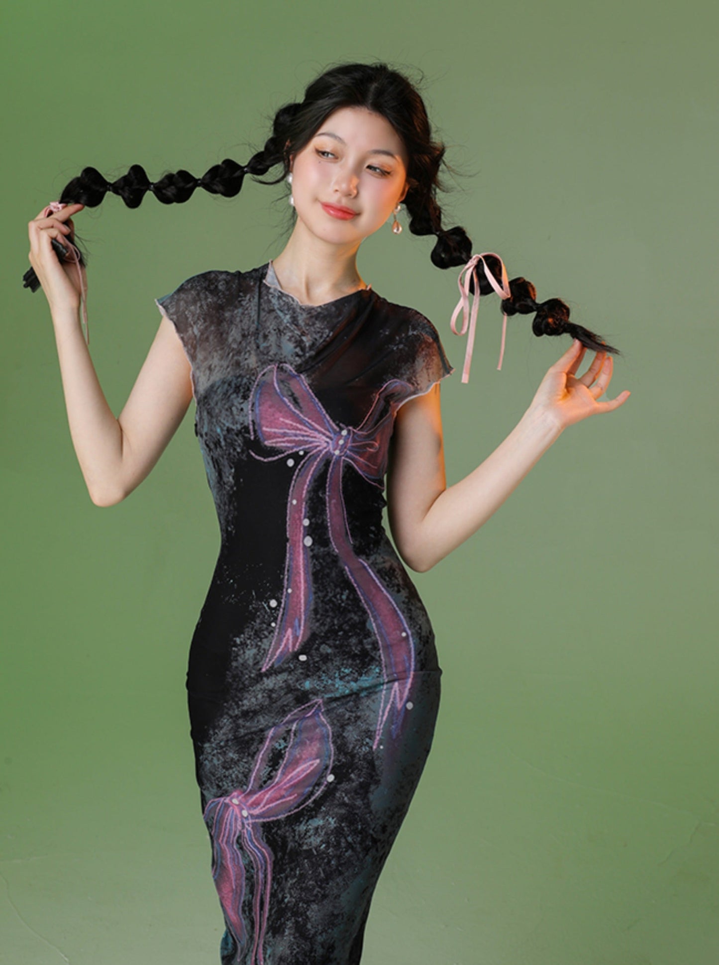 Four catties of homemade ghost horse elf original high-elastic mesh girly bow purple and black slim long dress