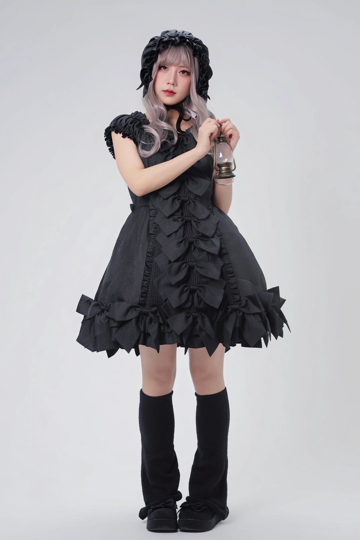 [November 15 Reservation Deadline] Black Gothic Doll-Style Front-And-Back Two-Way Ruffle Ribbon Lolita Dress (Short/Long) + Matching Shorts (Short/Long) + BB Hat