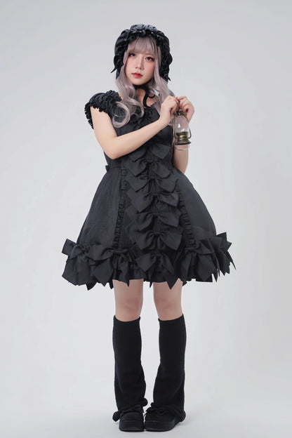 [November 15 Reservation Deadline] Black Gothic Doll-Style Front-And-Back Two-Way Ruffle Ribbon Lolita Dress (Short/Long) + Matching Shorts (Short/Long) + BB Hat
