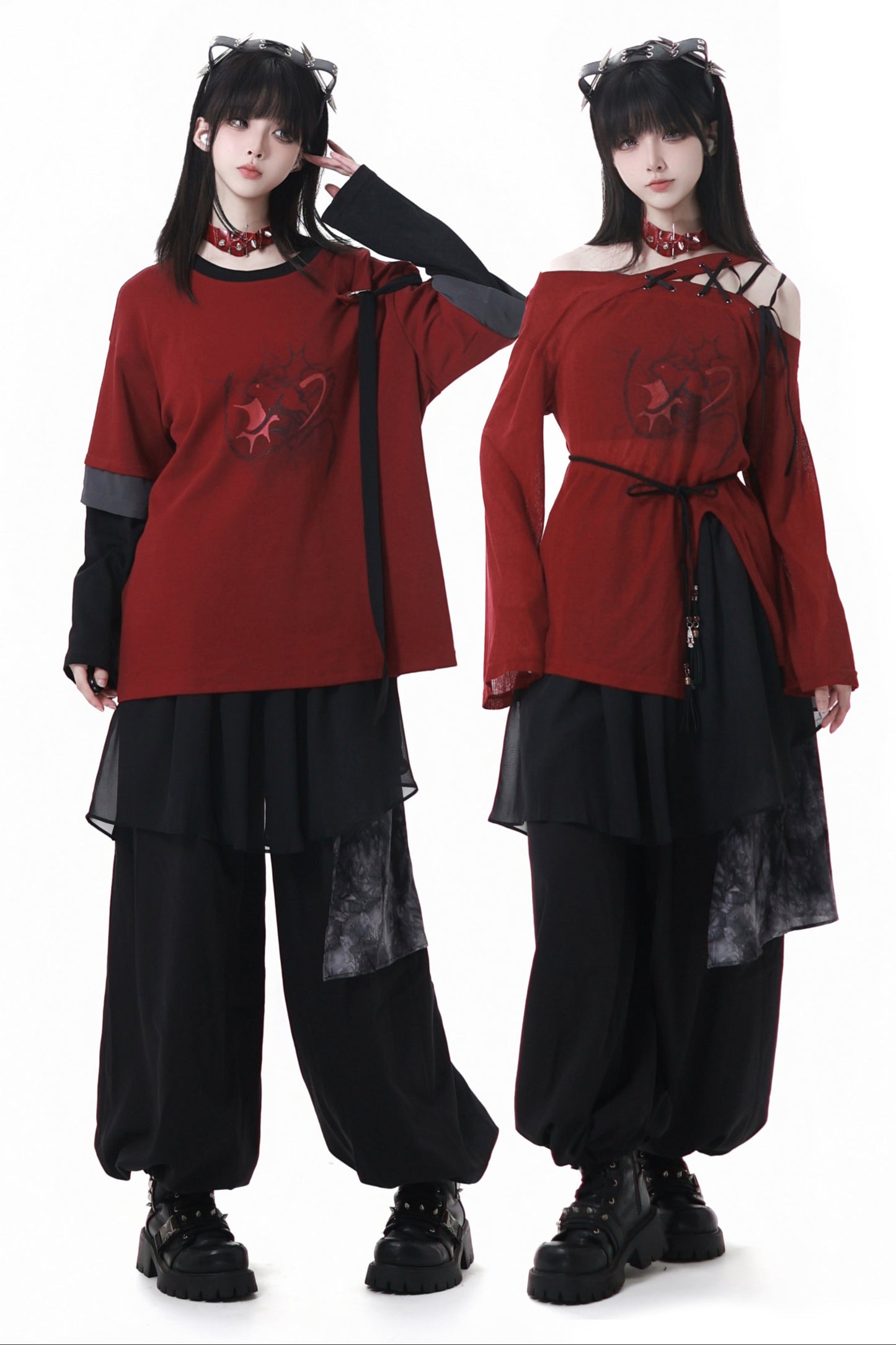 Splice mode red top + mode pants + rose belt