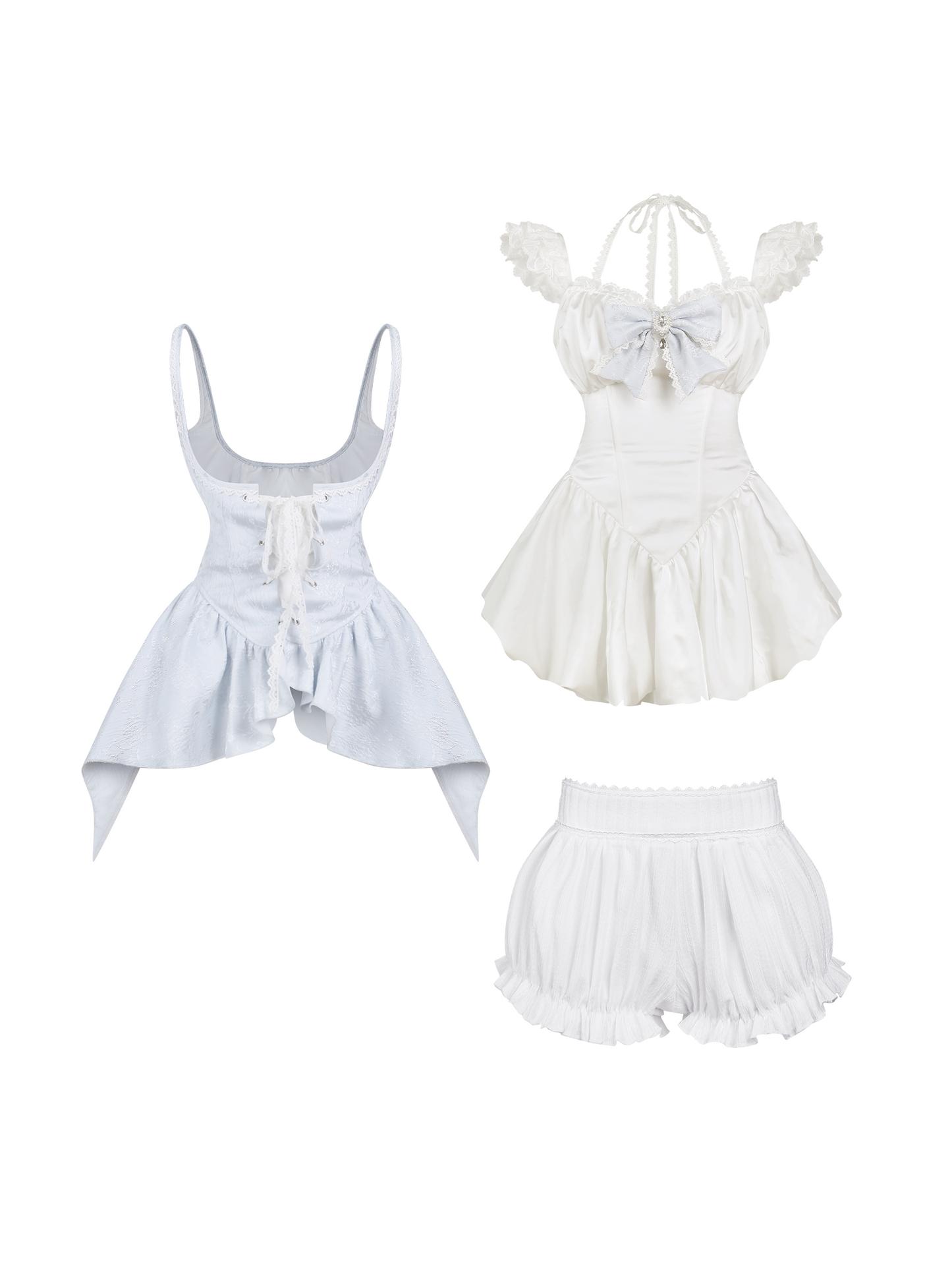 Vestido blanco con lazo + Chaleco jacquard azul + Pantalones cortos blancos