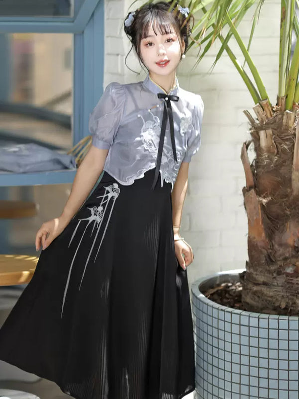 Sheer short china shirt + suspender dress [short and long] + bag