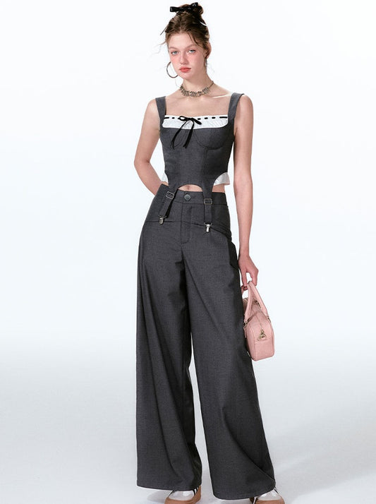 Mint-cool design faux two-piece contrast vest + wide pants