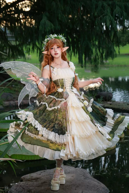 【8月23日予約締切】Elegant Forest Floral Oil Painting Print Classical Lolita Tiered JKS Dress Type 1/2