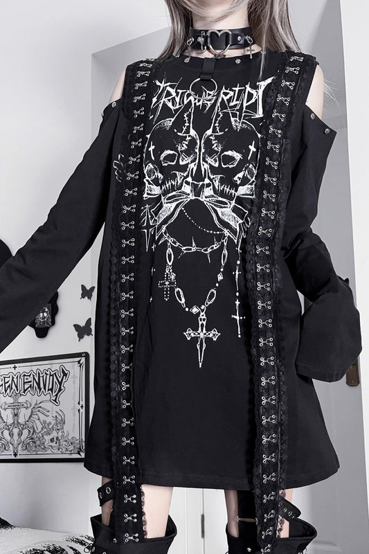 ダブルスカルサブカルチャーダークルーズオフショルダートップス