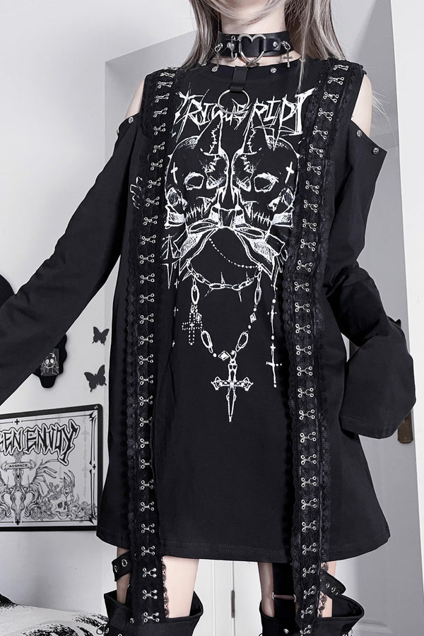 ダブルスカルサブカルチャーダークルーズオフショルダートップス