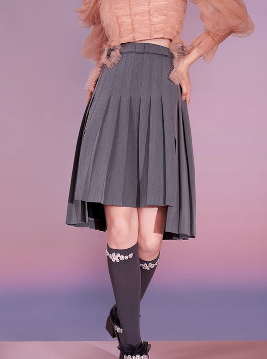 High Waist Slit Irregular Hem Pleated Skirt
