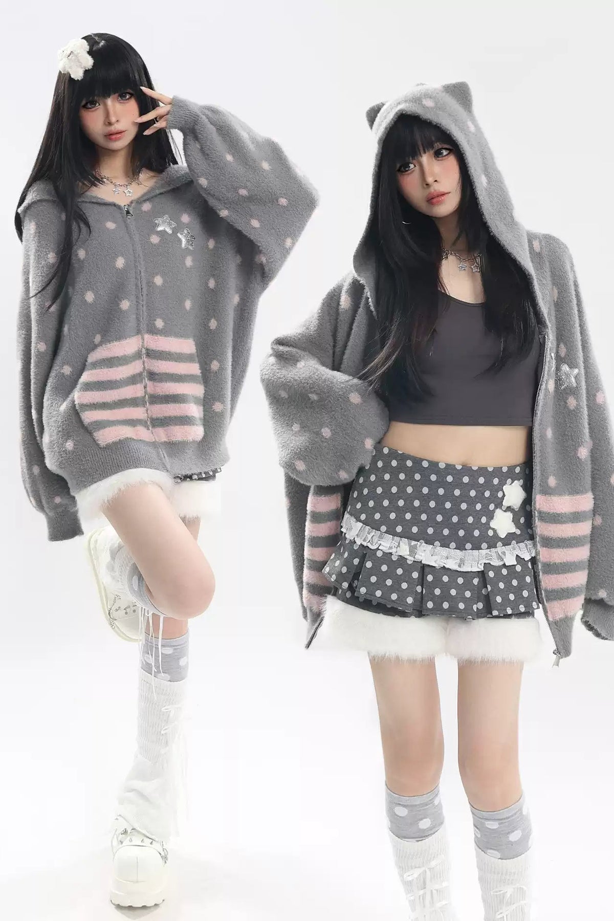 Cat Ear Polka Dot Star Stripe Cardigan