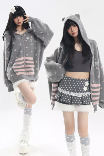 Cat Ear Polka Dot Star Stripe Cardigan