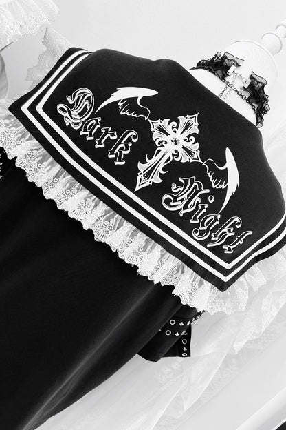 Lala-chan to the dark original design subculture print navy collar strappy top girl sweet cool outfit