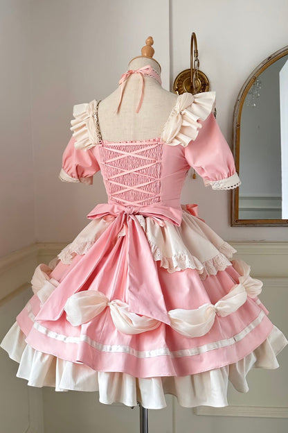 [Reservation product] White Pink White Blue Big Bell Ribbon Girly Sweet Maid Dress