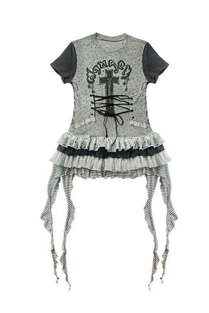 wsw bodyless [tear garden] original design niche Asian sub-length T-shirt irregular lace skirt top